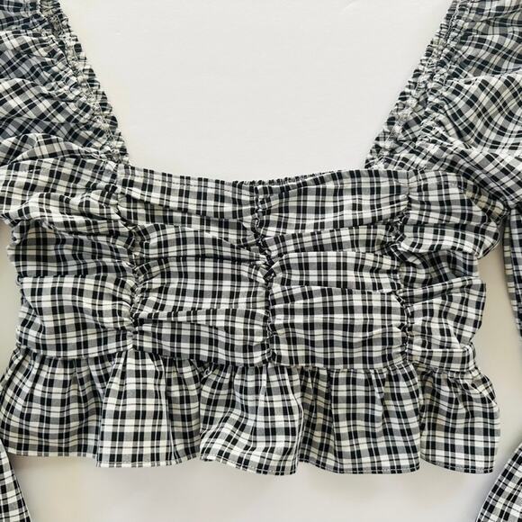 More to Come X Revolve Gingham Crop Top Balloon Sleeve Medium Black White Boho - Picture 2 of 6